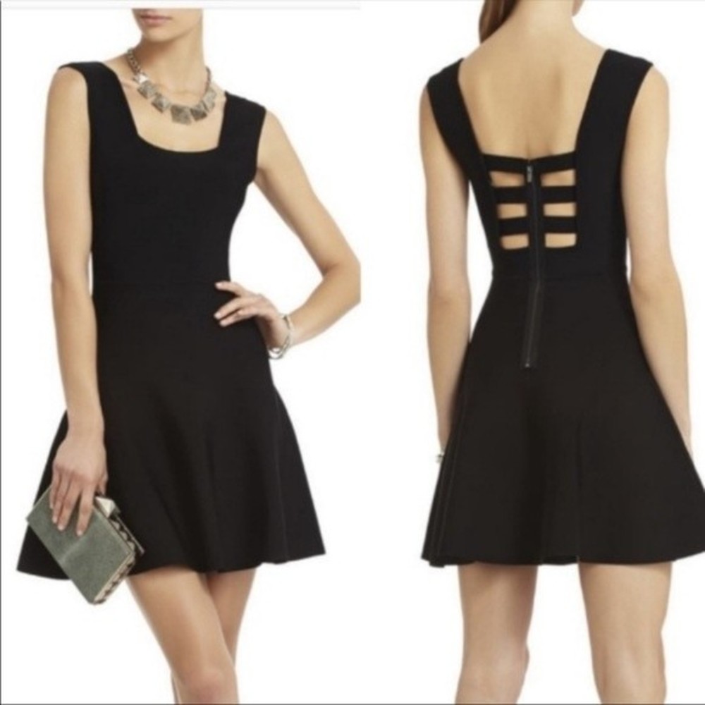 BCBGMAXAZRIA Black Caged Cutout Back Fit Flare Mini Dress Small LBD